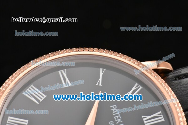 Patek Philippe Calatrava Miyota Quartz Rose Gold Case with Roman Numeral Markers and Black Dial - Click Image to Close